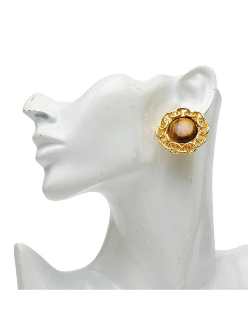 Chanel Circle Earrings Gold Brown Plated Tiger